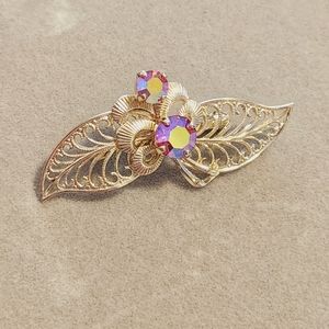 Vtg Silver Tone Filigree Leaf Floral Pink Rhinestone AB Aurora Borealis Dainty